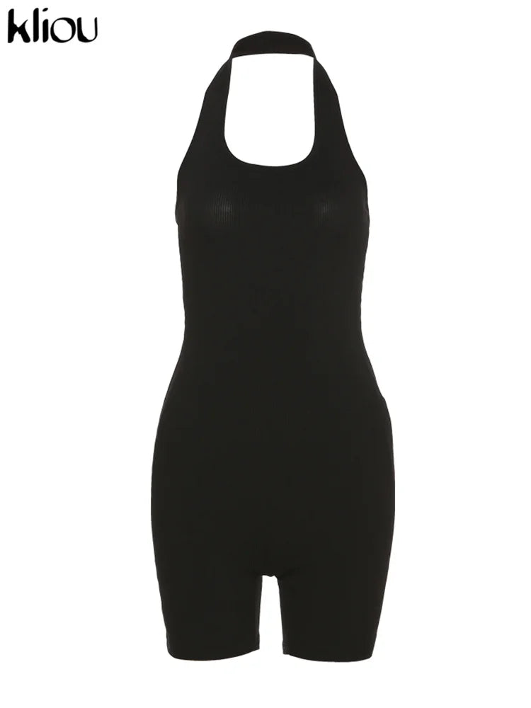 Kliou Striped Sporty Workout Halter Rompers Women Casual Active Wear Backless Sleeveless Playsuit Athleisure Biker Playsuits
