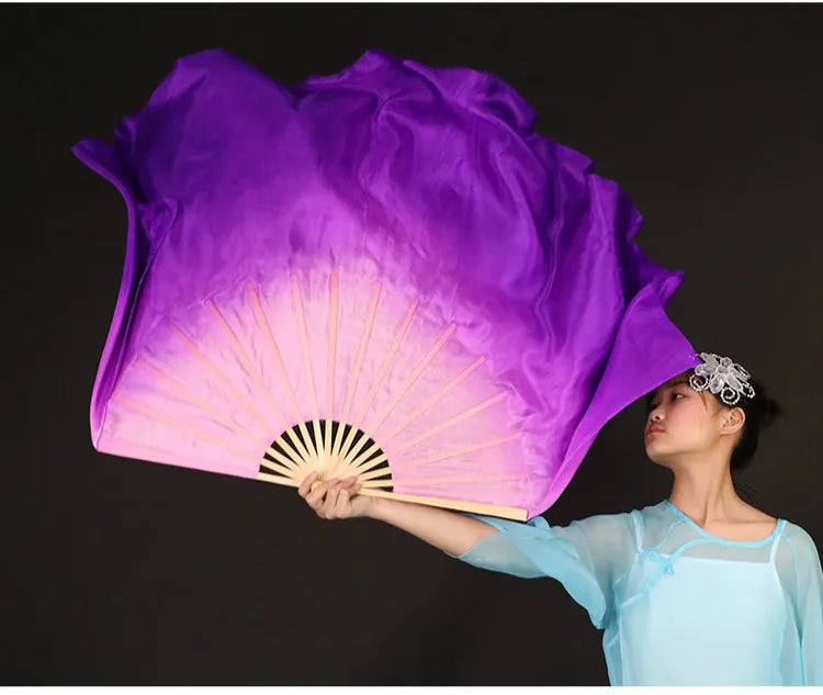 Chinese Classical Dance Hand Fan Large Yangko Dancing Silk Fan Lengthened Gradient Color Foldable Fans Performance Props