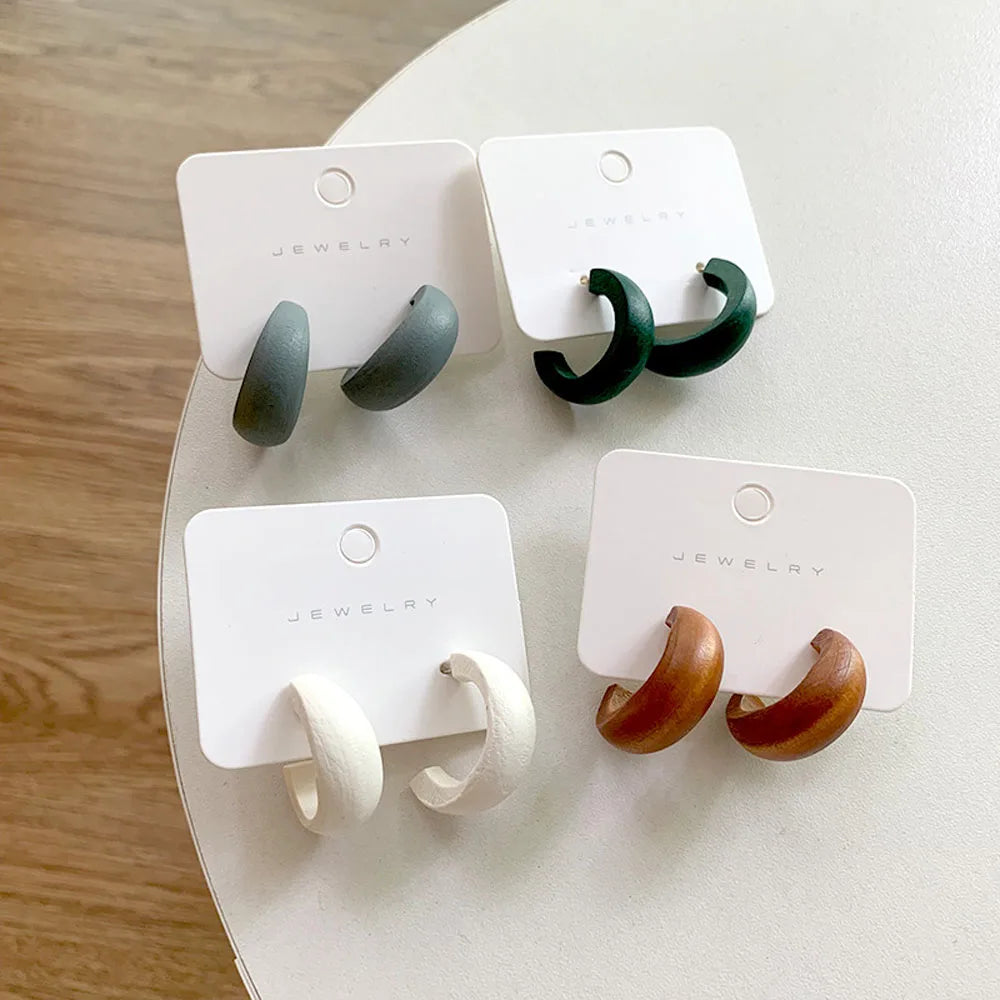 Cute Matte Wooden Earrings Geometric C-Stye Statement Vintage Big Circle Wood Ear Ring Fashion Jewelry Gift