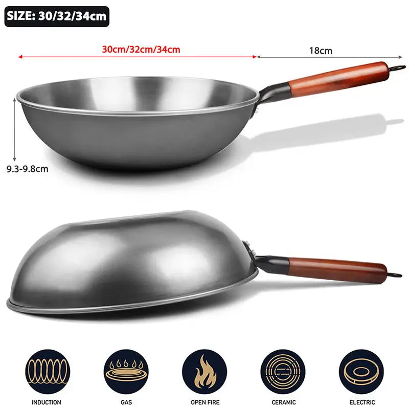 Konco Handmade Iron Wok Traditional Cookware Iron Pot Non-coating Healthy Wok Gas Cookware-30/32/34CM
