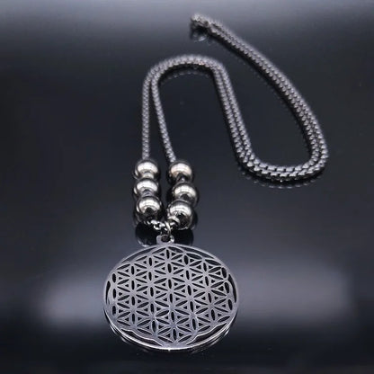 2023 Flower of Life Stainless Steel Mandala Metatron Necklaces Sacred Geometry Long Black Bead Necklace Jewerly flor de la vida