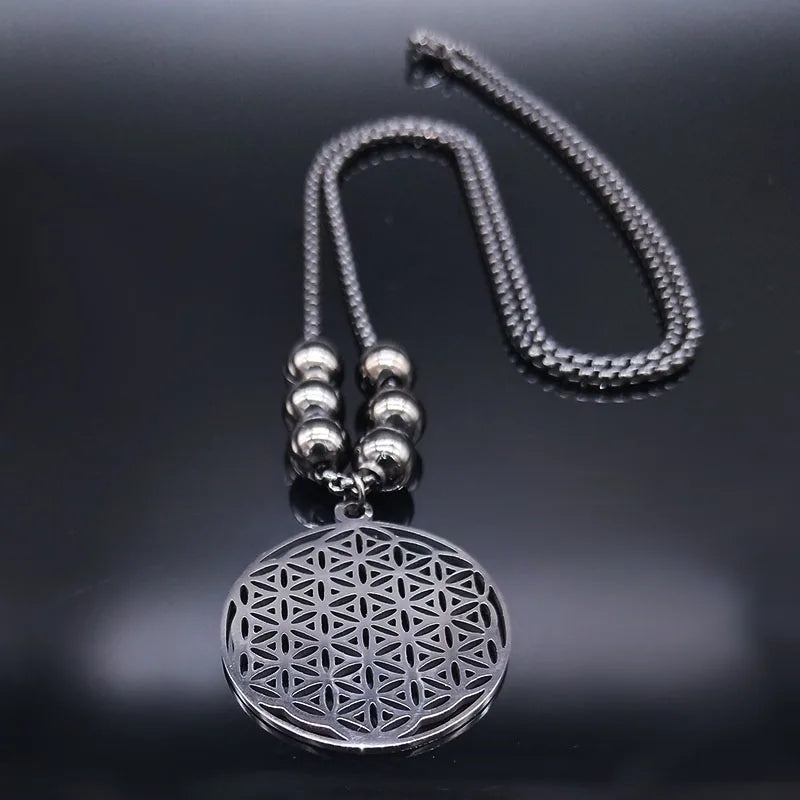 2024 Flower of Life Stainless Steel Mandala Metatron Necklaces Sacred Geometry Long Black Bead Necklace Jewerly flor de la vida