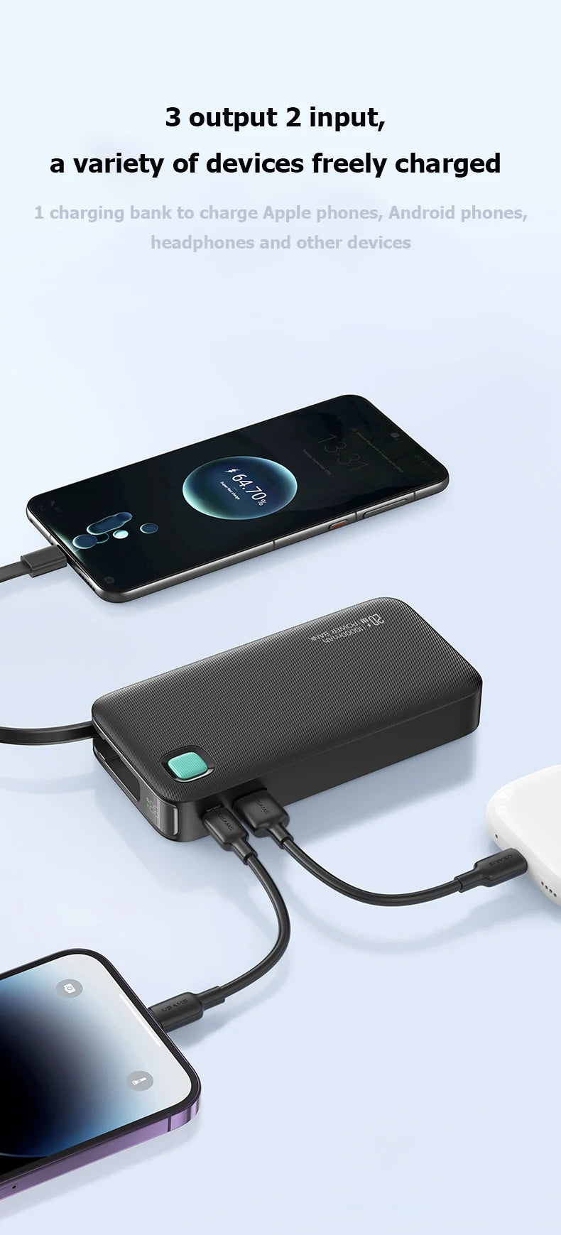 Hot Sale Bank Power With Cable Portable Power Bank PD 20W Fast Charger With Type C Cable Three Charger Port Bank Power