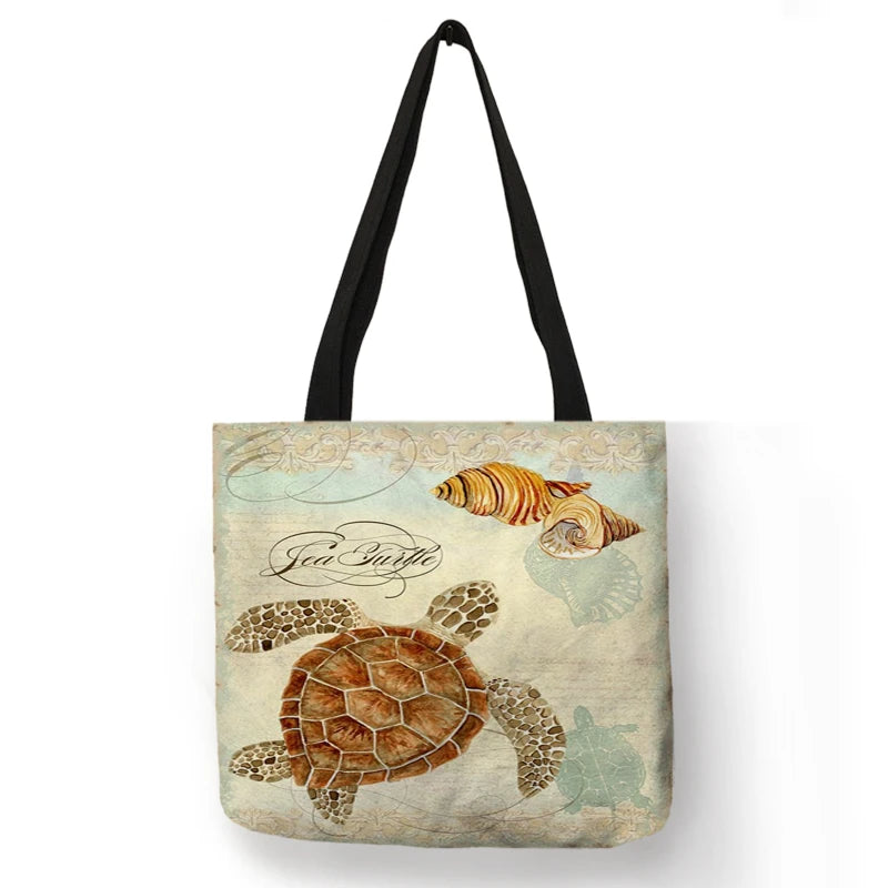 Casual Leisure Totes Bag Women Handbag Marine Animal Sea Turtle Horse Octopus Print Travel Shopping Shoulder Bags for Groceries