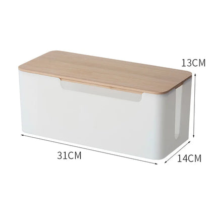 Cable Box With Wooden Cover Power Strip Wire Case Charger Socket Desktop Organizer Line Storage Box Power Board Wire Management
