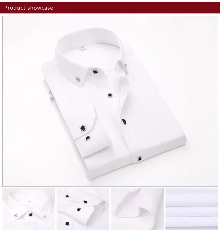 High Quality Men's Long Sleeve Shirt Dress Casual Solid Color Routine Fit Design Business Male Social Shirts White Blue Black