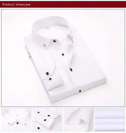 High Quality Men's Long Sleeve Shirt Dress Casual Solid Color Routine Fit Design Business Male Social Shirts White Blue Black