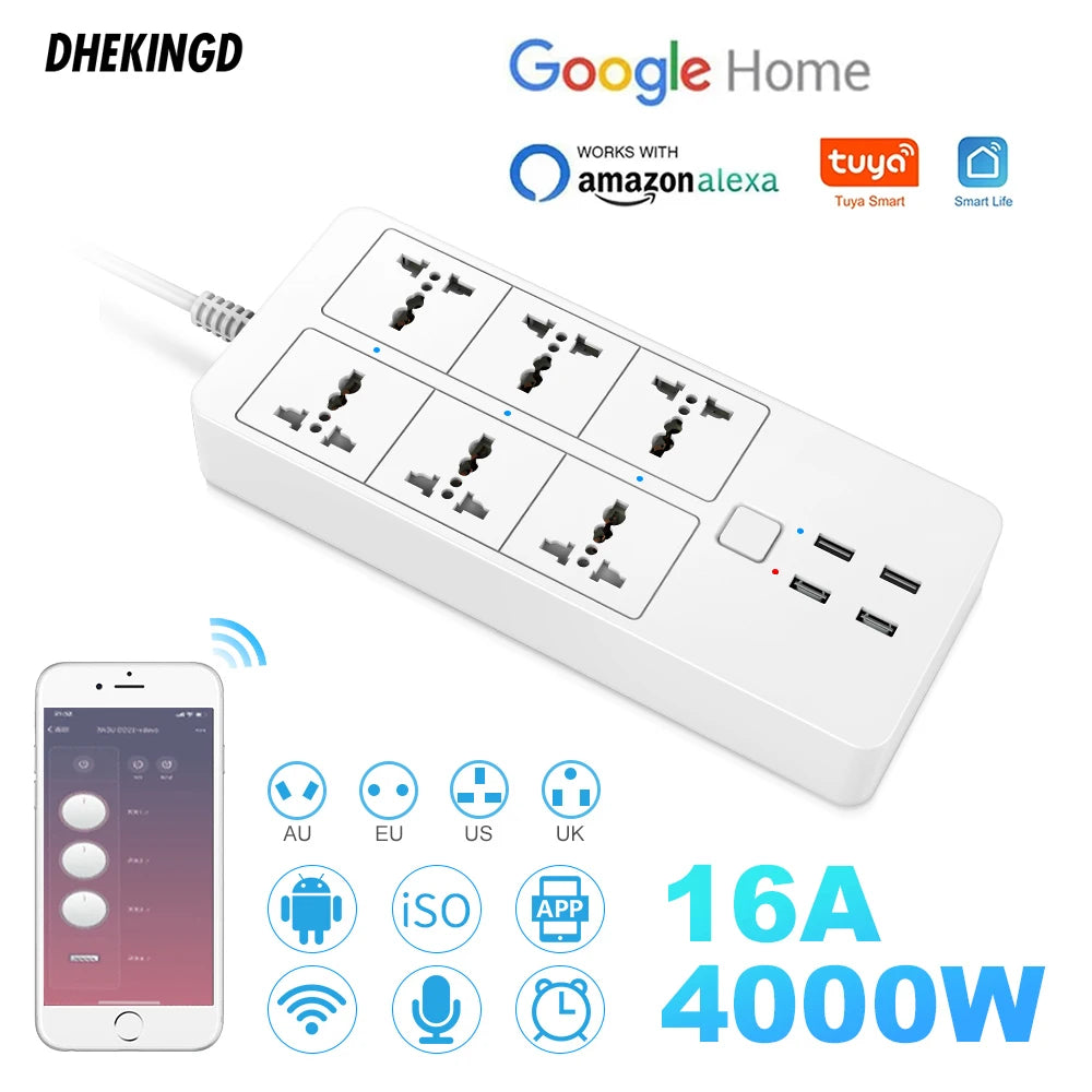 Smart Power Strip WIFI  Universal with 5V3.1A Alexa Googlehome Bluetooth Control Multi Plug 6AC 4USB Voice Contro UK/EU/US/AU