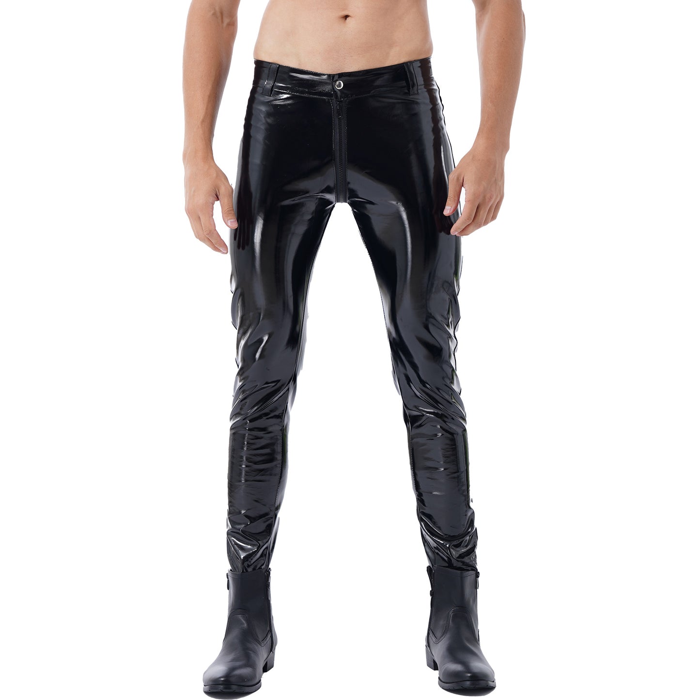 Moto Pants Leather Zipper Crotchless Pants Mens Clothing Fashion Wet Look Nightclub Performance Costumes Wet Look Trousers