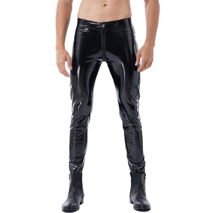 Moto Pants Leather Zipper Crotchless Pants Mens Clothing Fashion Wet Look Nightclub Performance Costumes Wet Look Trousers