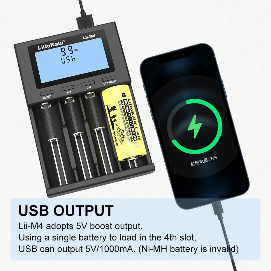LiitoKala Lii-M4 Lii-CH4 18650 Charger LCD Display Universal Smart Charger Test Capacity 26650 18650 21700 AA AAA Battery 4slot