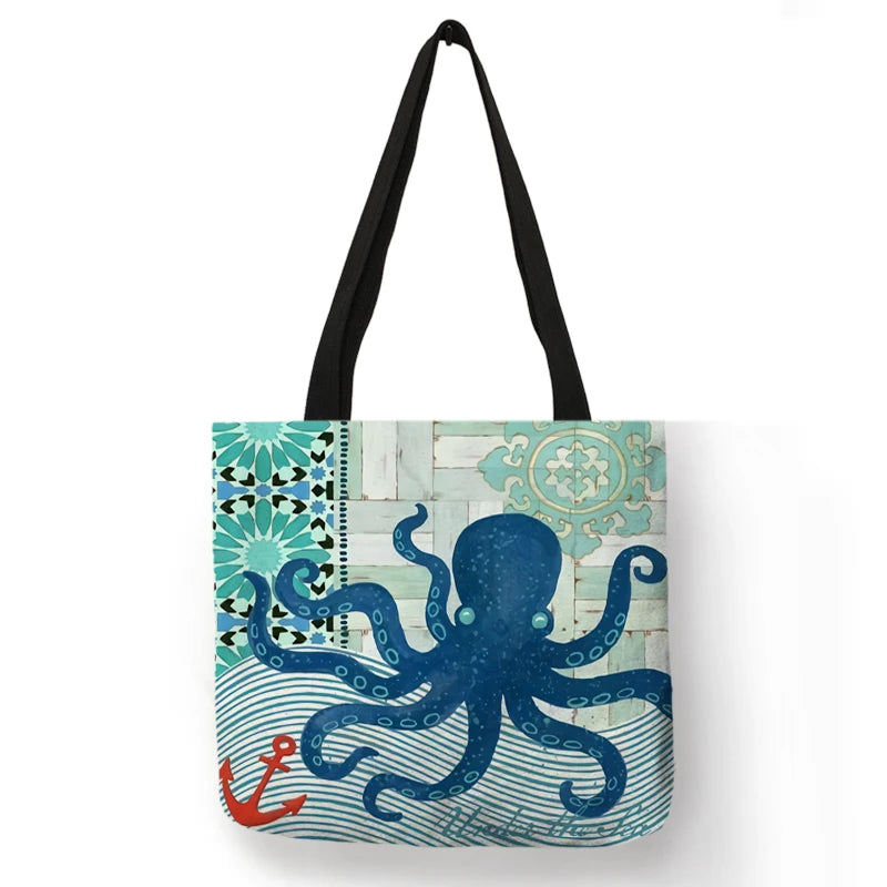 Casual Leisure Totes Bag Women Handbag Marine Animal Sea Turtle Horse Octopus Print Travel Shopping Shoulder Bags for Groceries