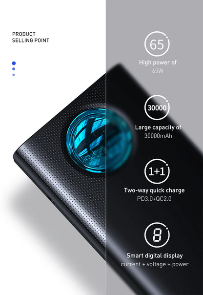 Baseus Power Bank 30000mAh 65W PD3.0 Quick Charging 3.0 FCP SCP Portable External for iPhone 16 15 14 Laptop Tablet Power bank