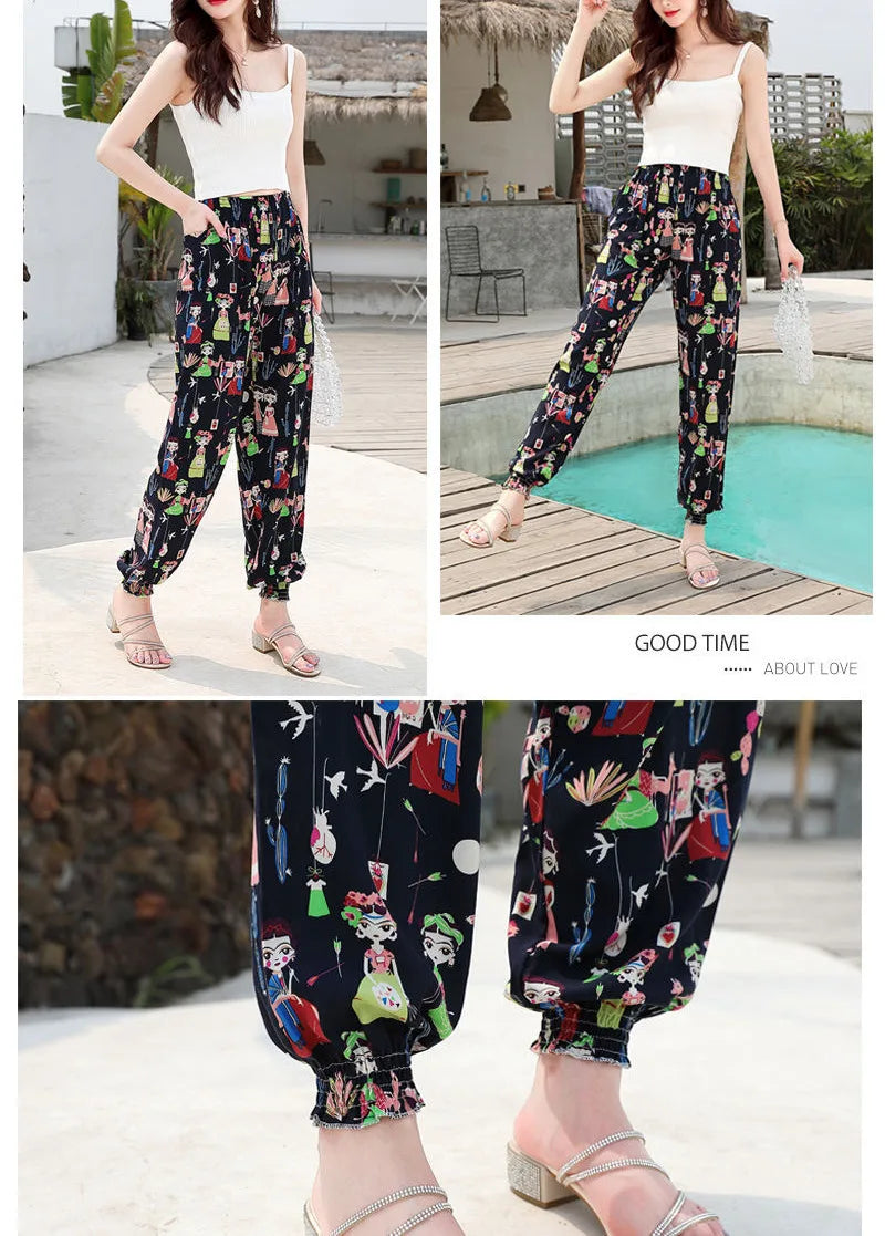 Women's Casual Print Palazzo Pants, Loose Sleep Pyjama Pants, Wide Leg, Thin Shorts, Cropped Pants, Summer Outdoor, ouc1143