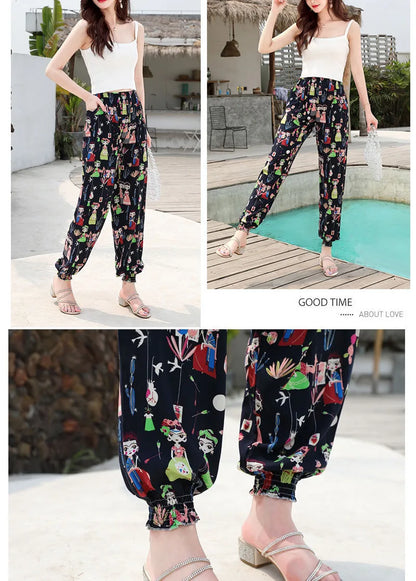 Women's Casual Print Palazzo Pants, Loose Sleep Pyjama Pants, Wide Leg, Thin Shorts, Cropped Pants, Summer Outdoor, ouc1143