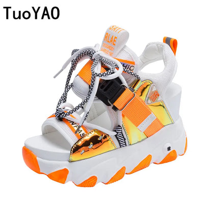 Women Chunky Platform Sandals Designers New Brand 2025 Summer Beach Casual Shoes Woman Lace Up Wedges 9CM Fashion Sandal Ladies