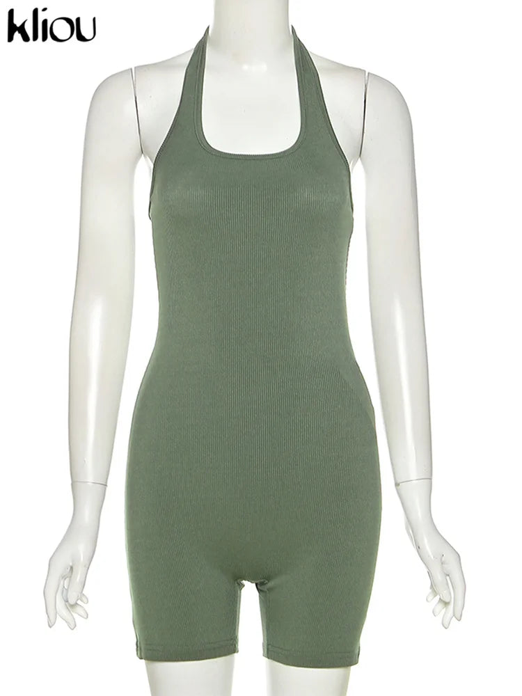 Kliou Striped Sporty Workout Halter Rompers Women Casual Active Wear Backless Sleeveless Playsuit Athleisure Biker Playsuits