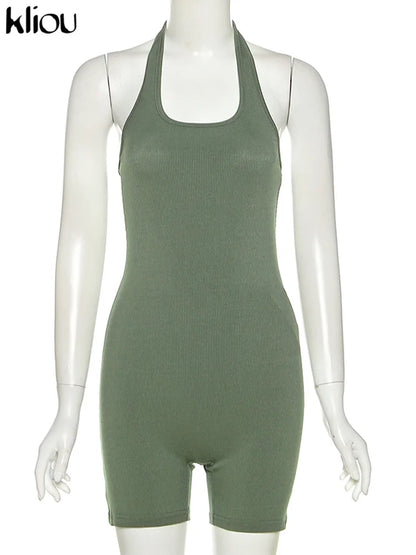 Kliou Striped Sporty Workout Halter Rompers Women Casual Active Wear Backless Sleeveless Playsuit Athleisure Biker Playsuits