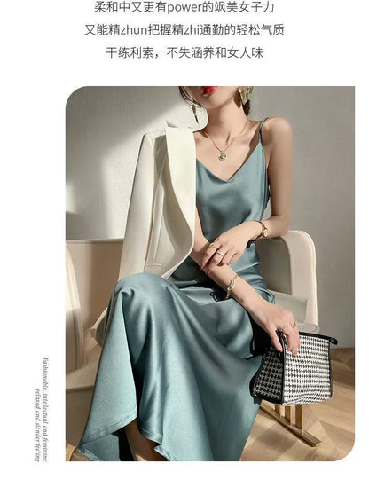 Vintage Satin Women's Dress Summer Sexy Spaghetti Strap Long Party Maxi Dresses Midi Robe Female Clothing