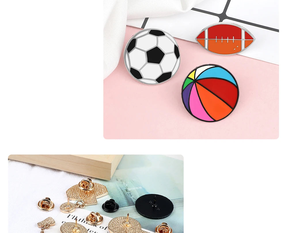 Sports Ball Series Brooch Soccer Basketball Ping Pong Enamel Pin with Chain Cartoon Fashion Accessories Denim Badge Jewelry Gift