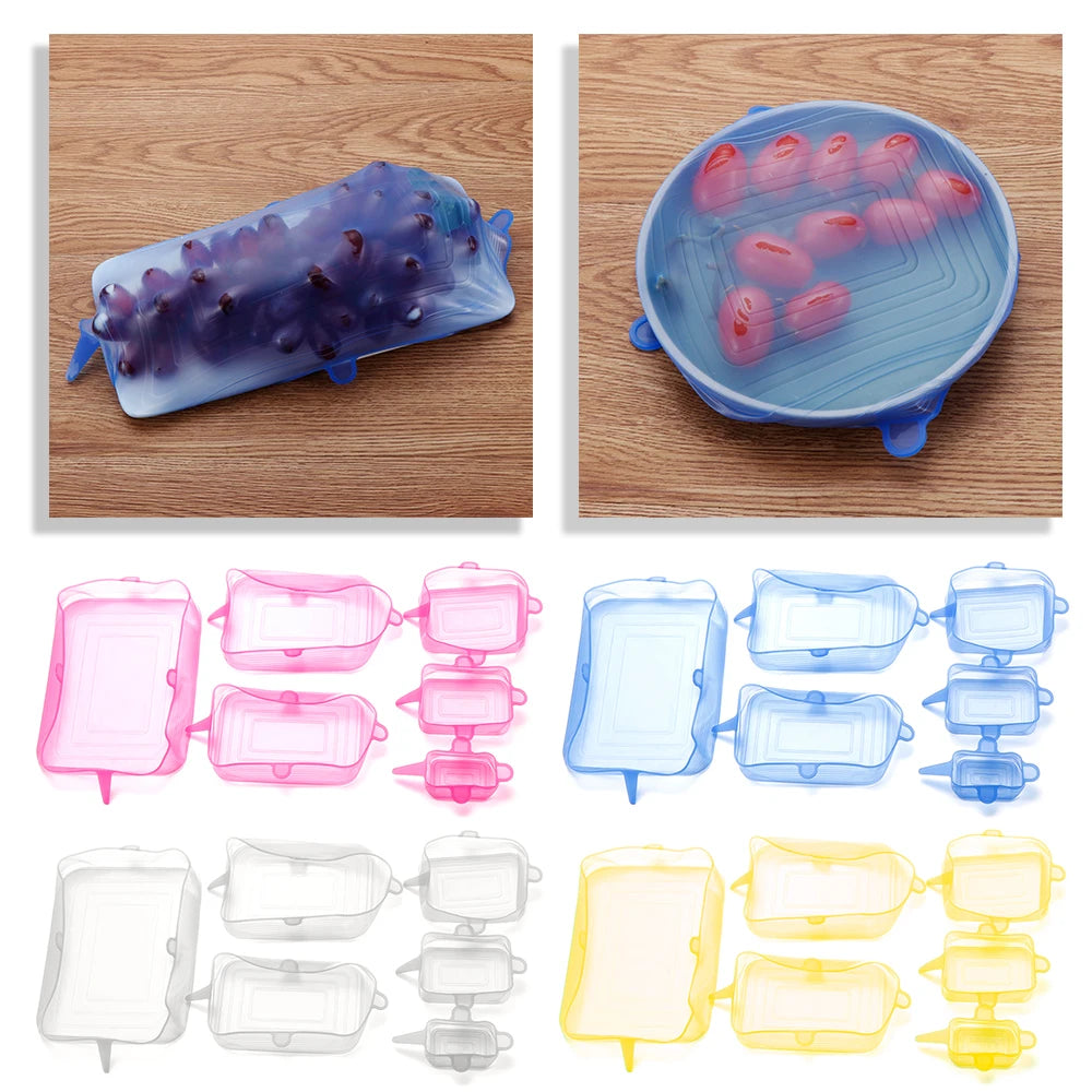 6Pcs Food Grade Silicone Stretch Lids Kitchen Tools Accessories Reusable Food Wrap Sealed Cover Keep Fresh Stretchy Bowl Cover