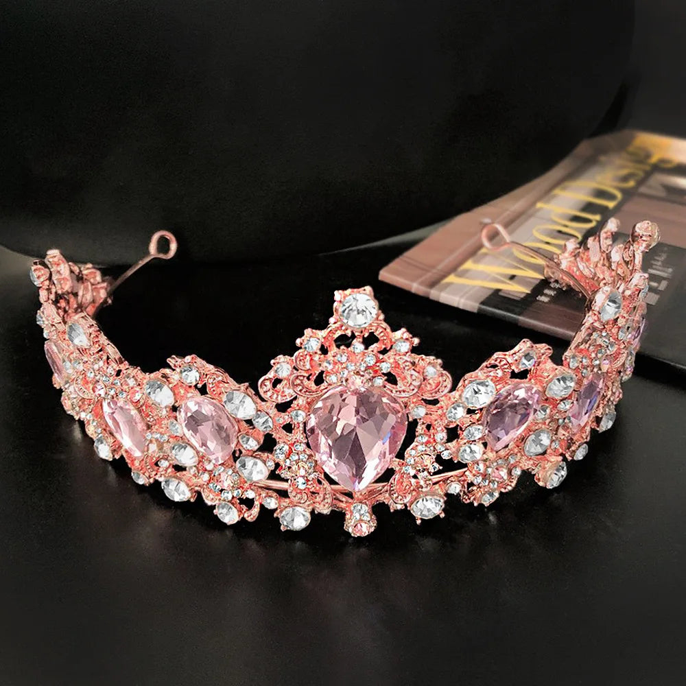 KMVEXO Tiaras Wedding Crown Bridal Hair Accessories Luxury Baroque Crystal Pink Queen Crown Women Adult Gift Party Hair Jewelry