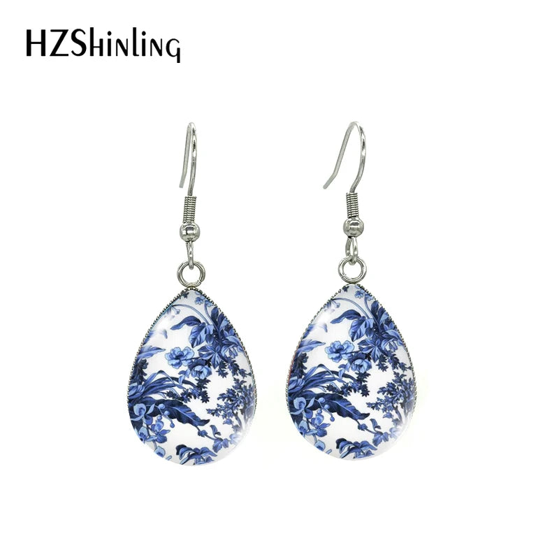 2021 Blue Floral Paintings Glass Cabochon Tear Drop Dangle Hook Earrings Handmade Crafts Jewelry
