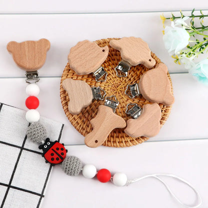 Kovict 5Pcs 19 Styles Beech Wooden Clips Metal Bracket DIY Pacifier Chain Handmade Crafts Accessories