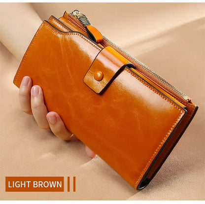 RFID Blocking 100% Genuine Leather Women Wallet Long Lady Purse Brand Design Luxury Bag Oil Wax Card Holder Female Coin Clips