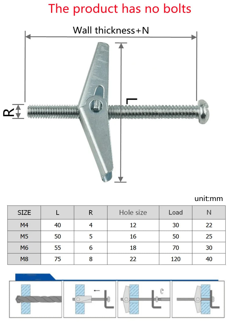 M4 M5 M6 M8 M10 Plasterboard Hollow Wall Cavity Wall Fixing Spring Toggle Anchor Ceiling Dry Wall Anchors No Bolt