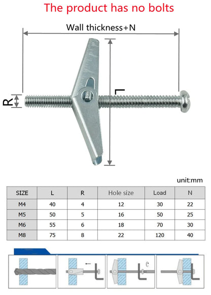 M4 M5 M6 M8 M10 Plasterboard Hollow Wall Cavity Wall Fixing Spring Toggle Anchor Ceiling Dry Wall Anchors No Bolt