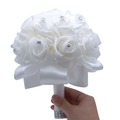 rosa flor Beautiful White Ivory Bridal Bridesmaid Flower Wedding Bouquet Artificial Flower Rose Bouquet Crystal Bridal Bouquets