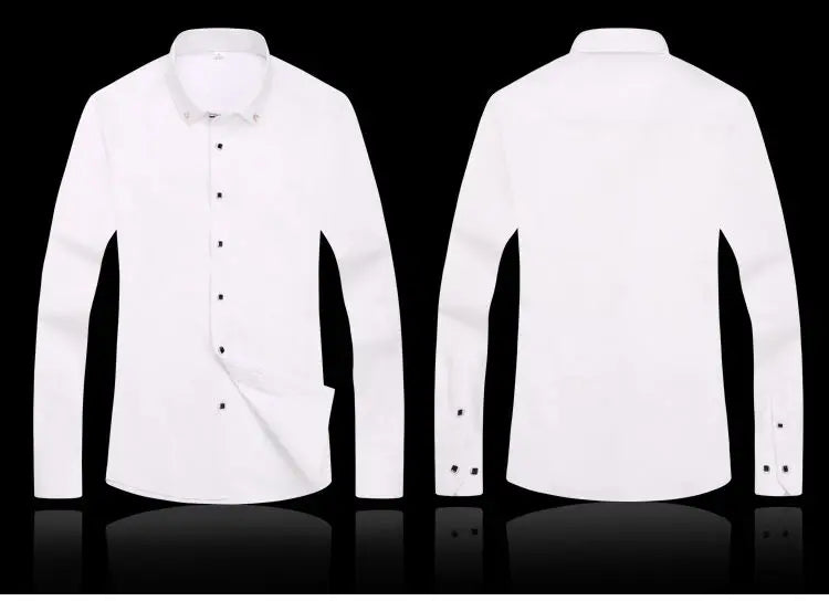 High Quality Men's Long Sleeve Shirt Dress Casual Solid Color Routine Fit Design Business Male Social Shirts White Blue Black