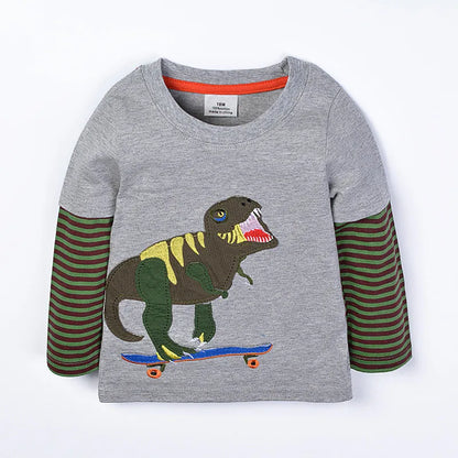 Baby Boys Girls 18-6T Striped Cartoon Tshirts With Applique Animal Kids Hot Selling Spring Autumn Clothes Designed Tops Clothing