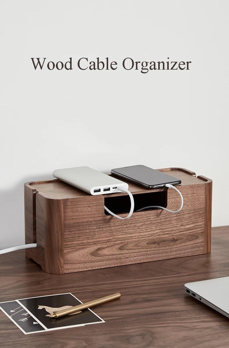 Cable Organizer Management Black Walnut Wood Storage Box Dustproof Junction Box Desktop Clip Holder For TV Box Organizer Shelf