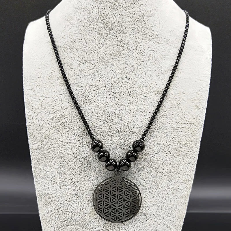 2023 Flower of Life Stainless Steel Mandala Metatron Necklaces Sacred Geometry Long Black Bead Necklace Jewerly flor de la vida