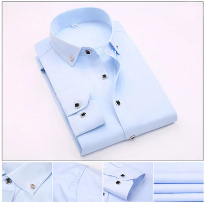 High Quality Men's Long Sleeve Shirt Dress Casual Solid Color Routine Fit Design Business Male Social Shirts White Blue Black