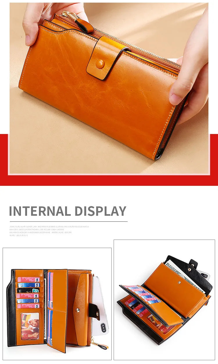 RFID Blocking 100% Genuine Leather Women Wallet Long Lady Purse Brand Design Luxury Bag Oil Wax Card Holder Female Coin Clips
