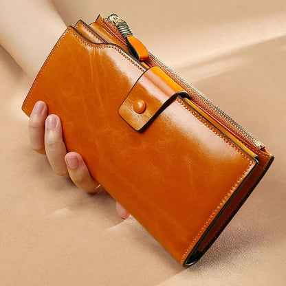 RFID Blocking 100% Genuine Leather Women Wallet Long Lady Purse Brand Design Luxury Bag Oil Wax Card Holder Female Coin Clips