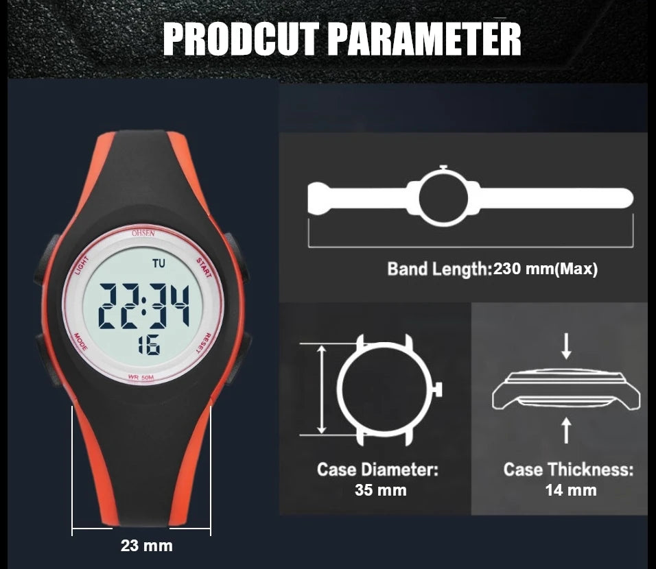 OHSEN Kids Digital Sport Watches 50M Waterproof Electronic Wristwatch Stop Watch LED Clock Children Watch For Boys Girls
