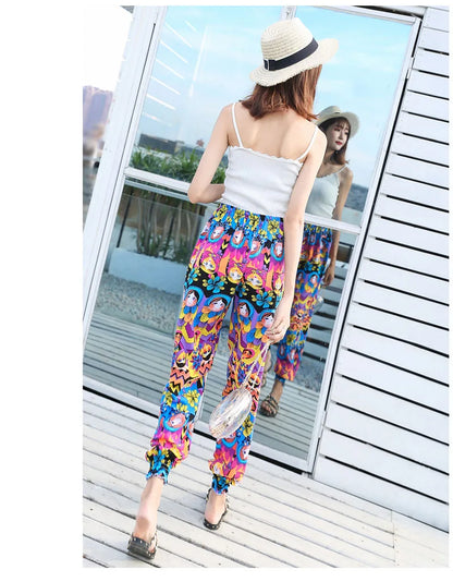 Women's Casual Print Palazzo Pants, Loose Sleep Pyjama Pants, Wide Leg, Thin Shorts, Cropped Pants, Summer Outdoor, ouc1143