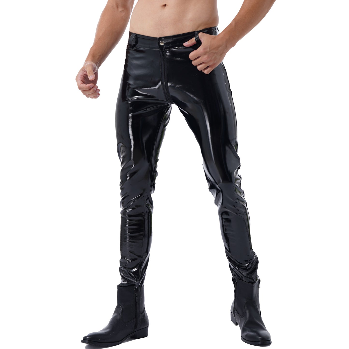 Moto Pants Leather Zipper Crotchless Pants Mens Clothing Fashion Wet Look Nightclub Performance Costumes Wet Look Trousers