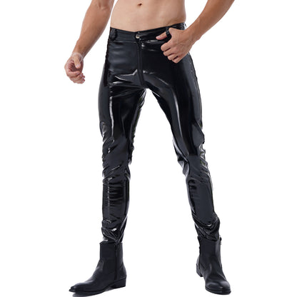 Moto Pants Leather Zipper Crotchless Pants Mens Clothing Fashion Wet Look Nightclub Performance Costumes Wet Look Trousers