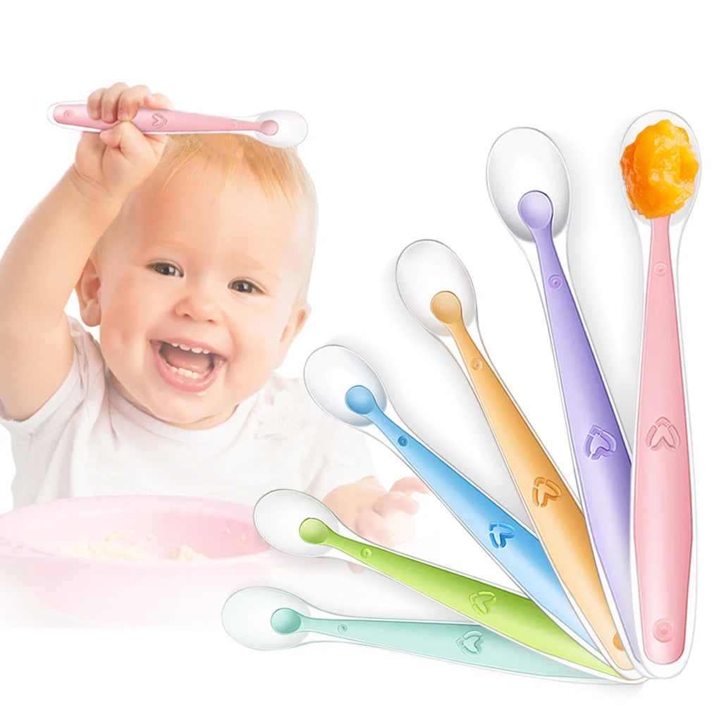 Soft Silicone Baby Feeding Spoon Candy Color Temperature Sensing Spoon Children Food Baby Spoons Feeding Dishes Feeder Flatware