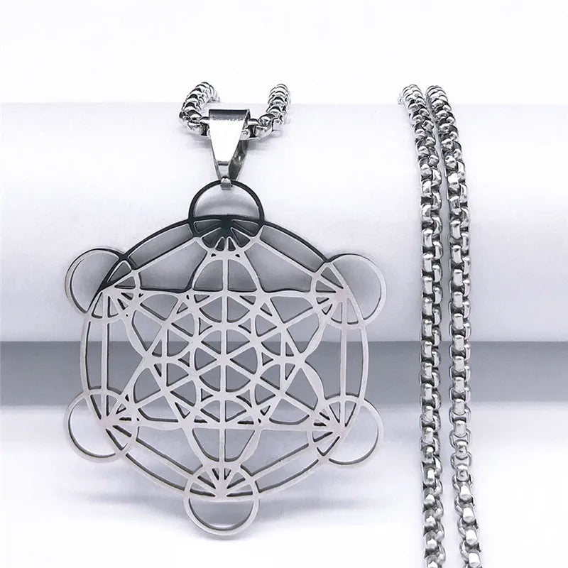 Flower of Life Chakra Spiritual Necklace for Women Stainless Steel Sacred Geometry Metatron Cube Salomon Men collar Jewelry
