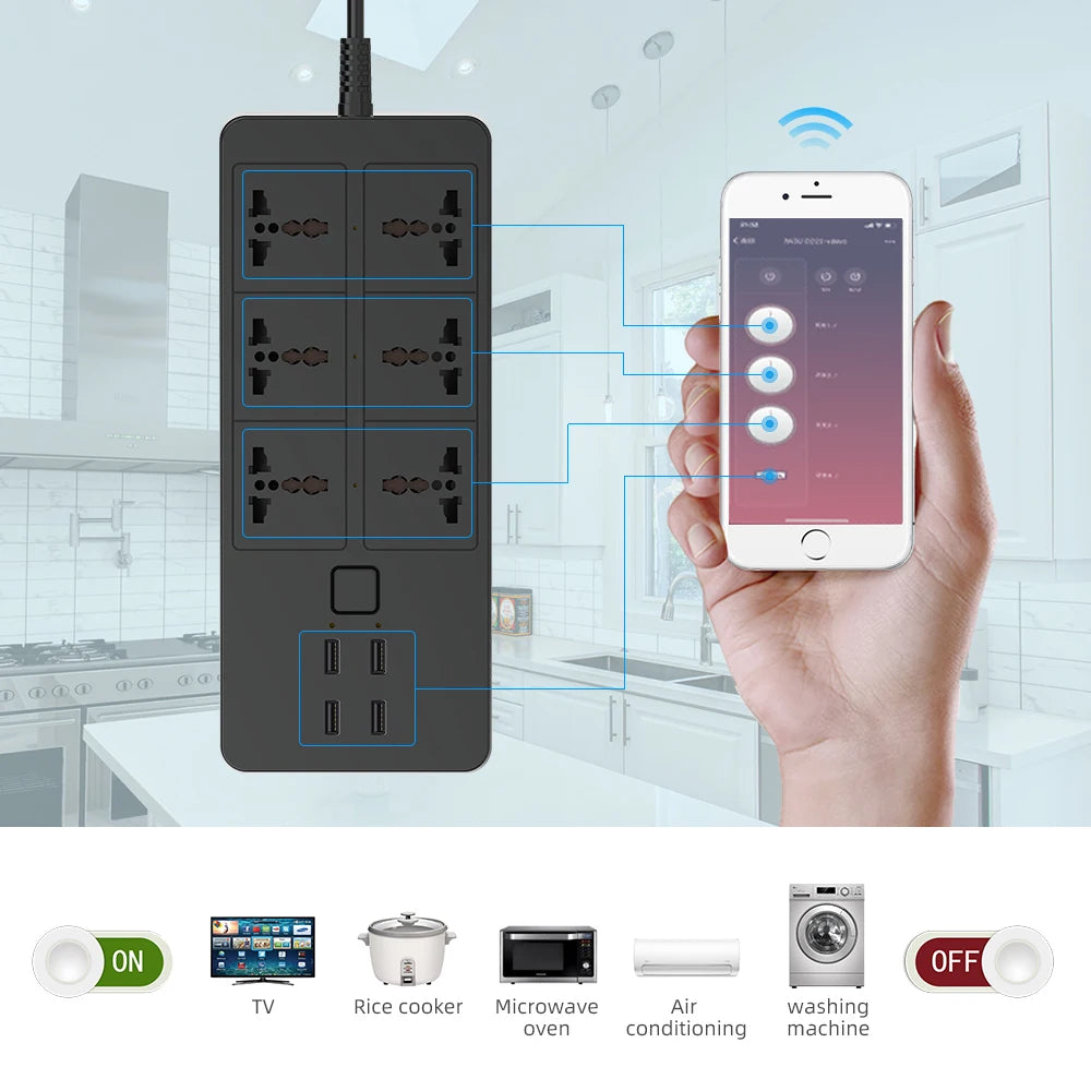 Smart Power Strip WIFI  Universal with 5V3.1A Alexa Googlehome Bluetooth Control Multi Plug 6AC 4USB Voice Contro UK/EU/US/AU