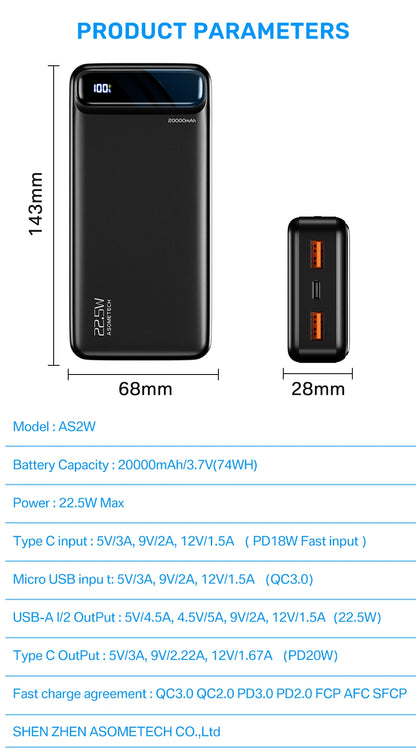 Power Bank 20000mAh 22.5W SCP Portable Charger Powerbank 10000 mAh External Battery PD 20W Fast Charging For iPhone 13 Xiaomi mi