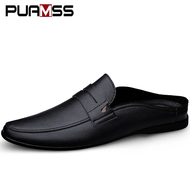 Quality Men Slippers Leather Men Mules Half Shoe Loafers Moccasins Outdoor Non-slip Black Beach Sandals Slides Zapato Hombre