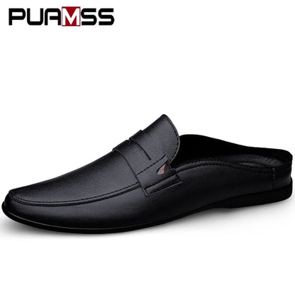 Quality Men Slippers Leather Men Mules Half Shoe Loafers Moccasins Outdoor Non-slip Black Beach Sandals Slides Zapato Hombre