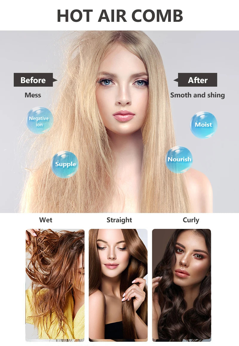 One Step Hair Dryer and Volumizer Round Hot Air Brush 3 in 1 Anti-Scald Negative Ion Hair Straightener Brush Comb Curler Styler